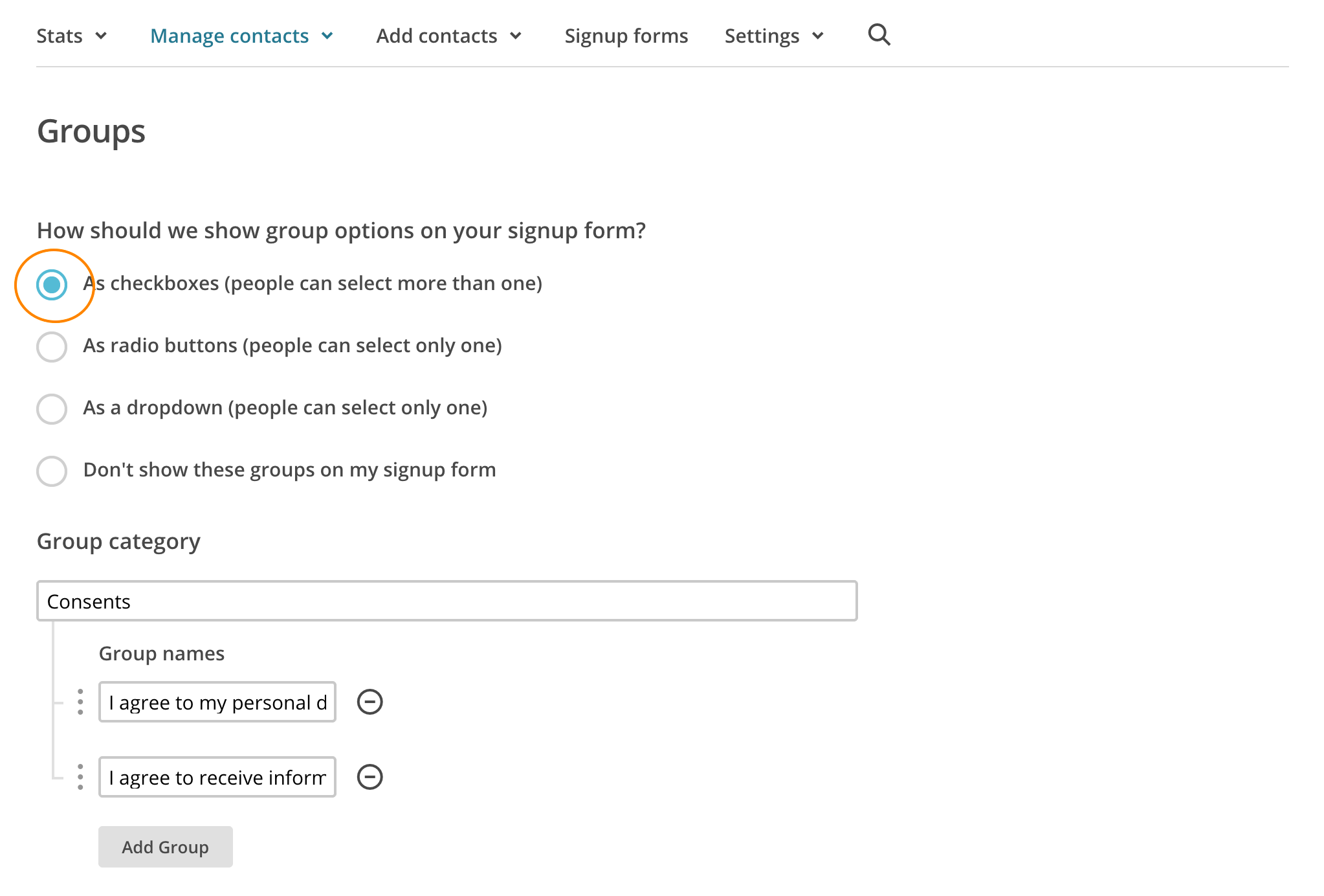 Mailchimp groups checkboxes