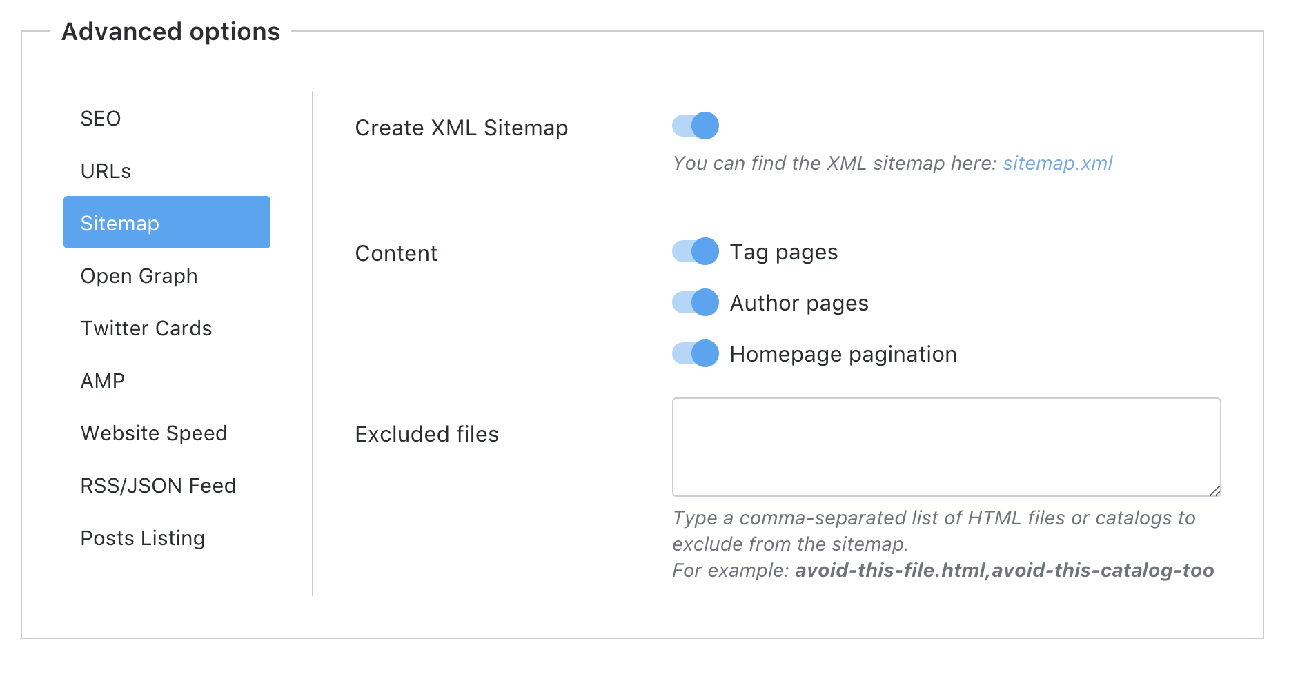 Sitemap exluded files