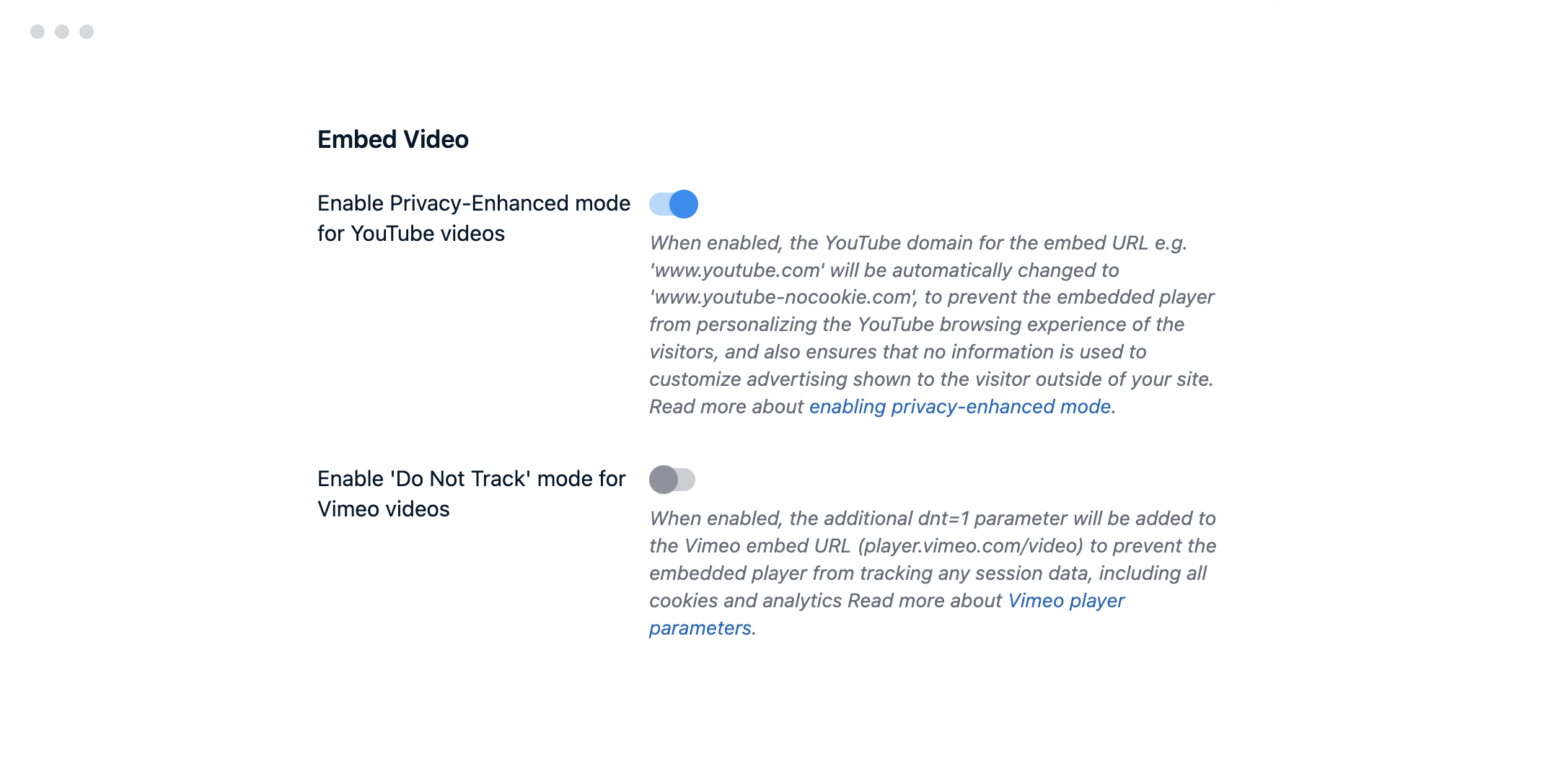 Privacy mode for embed video