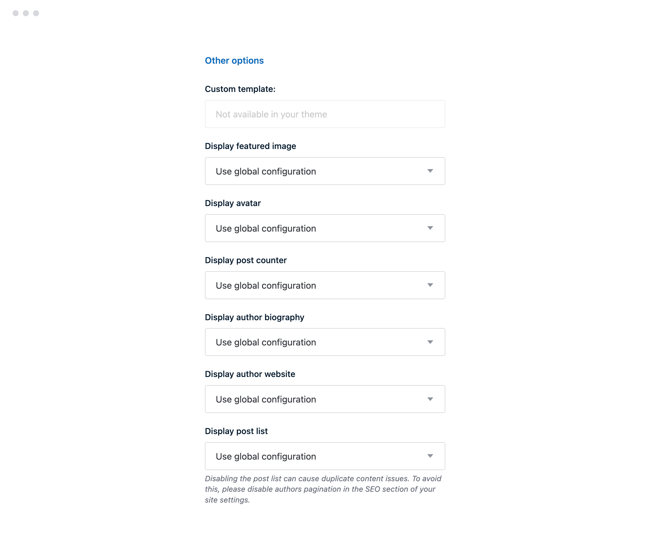 Author and tag options