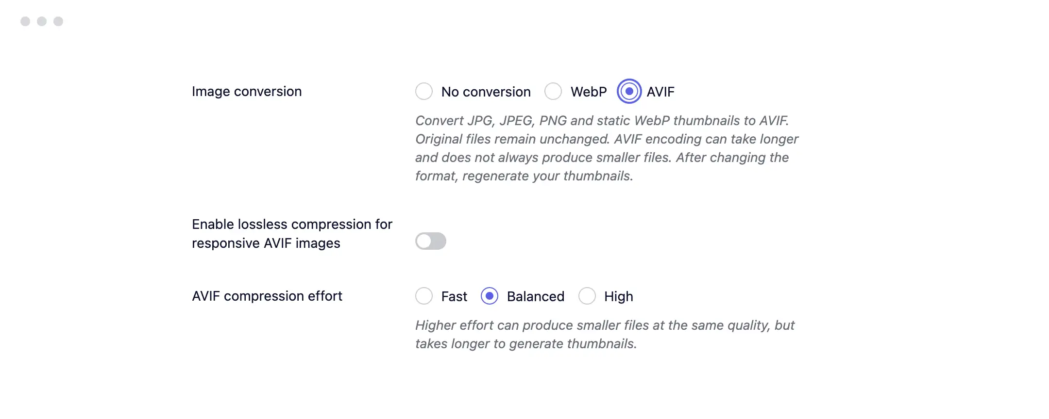 AVIF image conversion settings in Publii, with quality, lossless compression and compression effort controls.