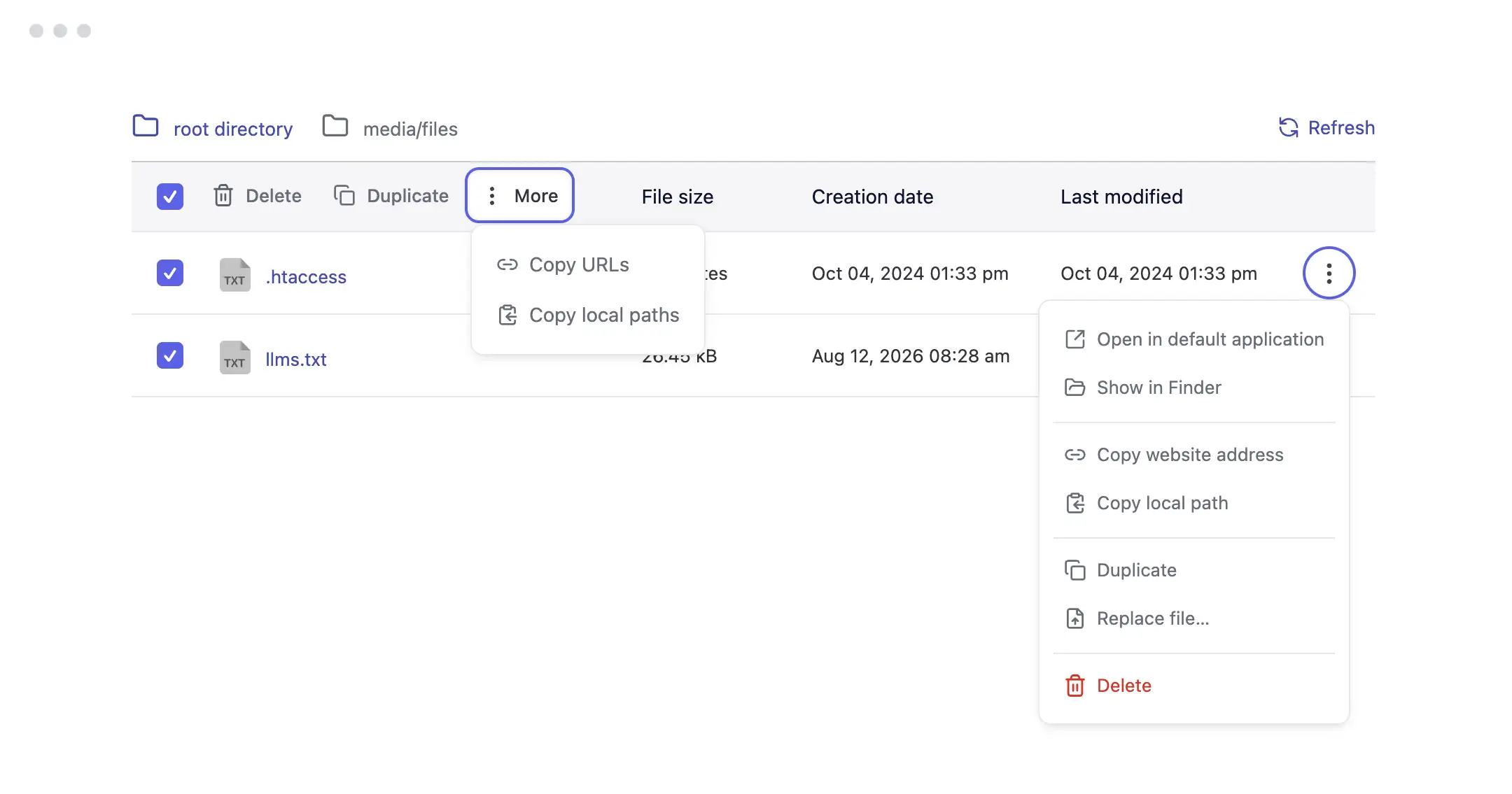 Publii File Manager with an action menu for replacing, duplicating and copying file details.