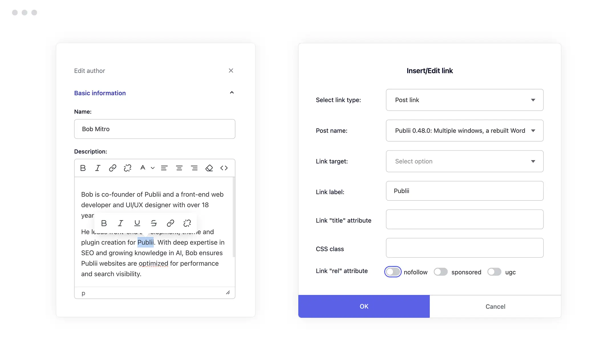 Description field in Publii with an inline formatting toolbar and the link dialog open.