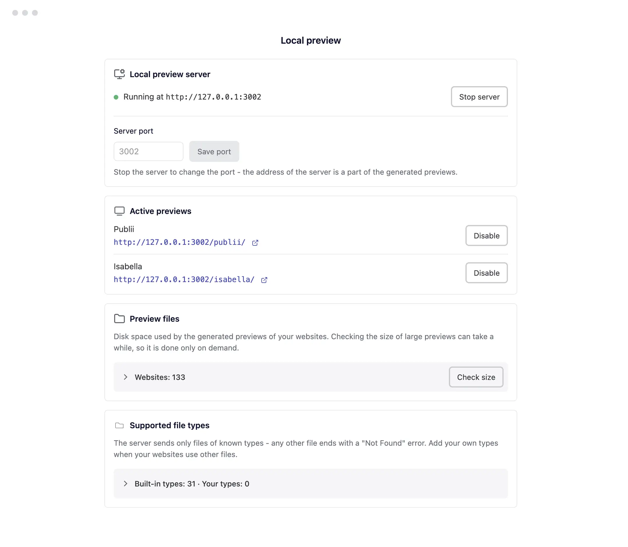 Local preview server settings in Publii, including the server port and MIME type configuration.