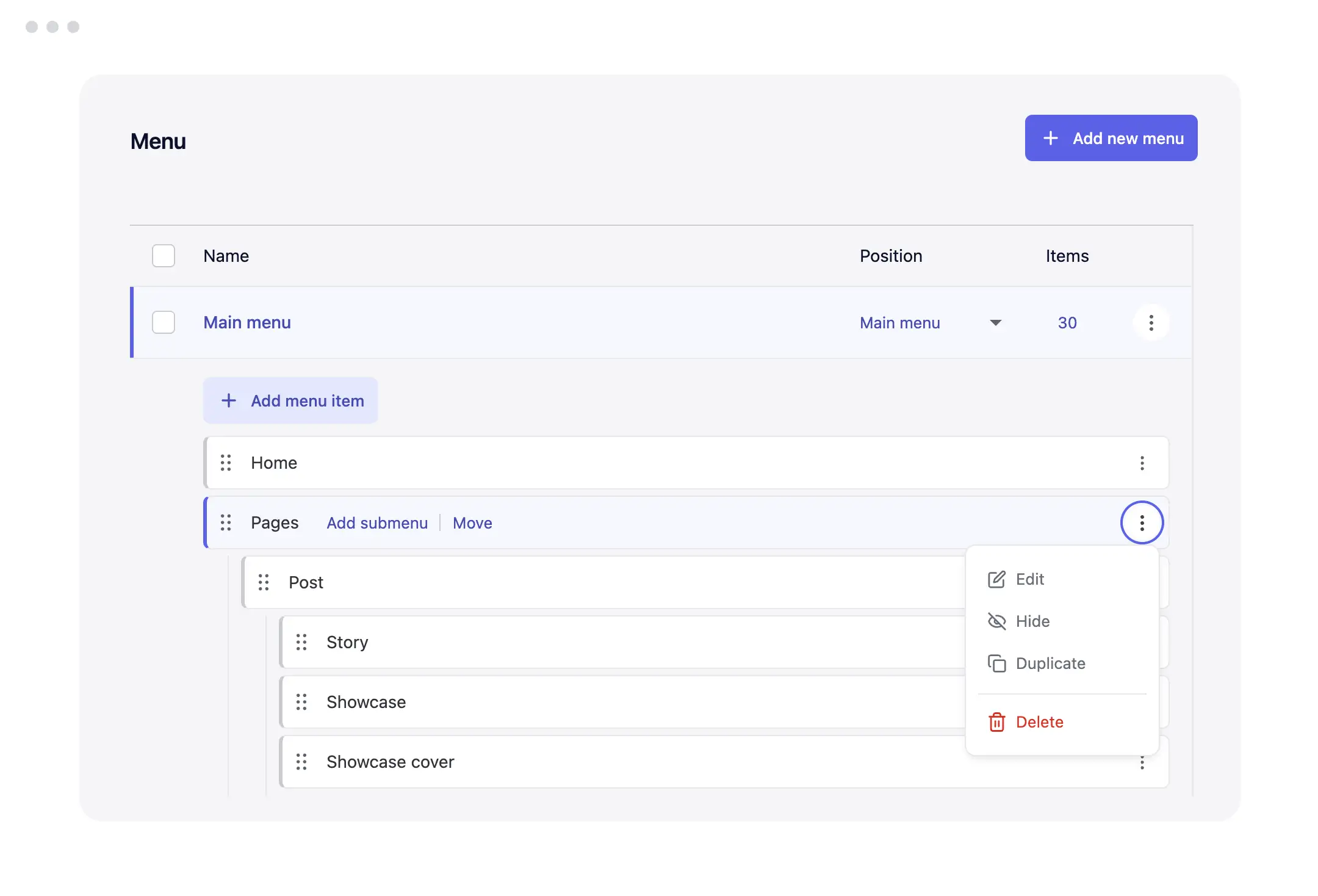 Publii menu editor showing nested navigation items and an open action menu.