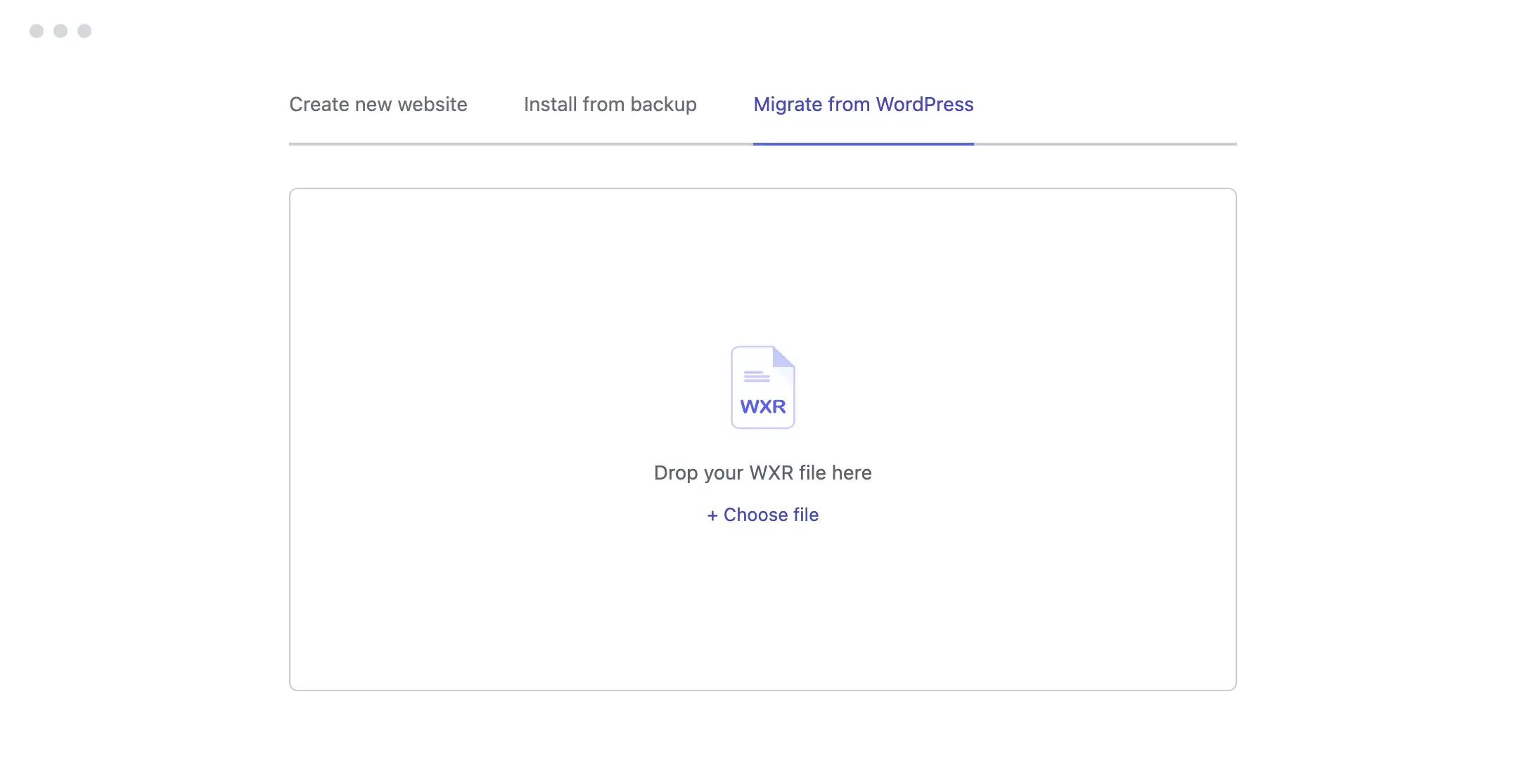 Publii website creation screen with the Move from WordPress option.