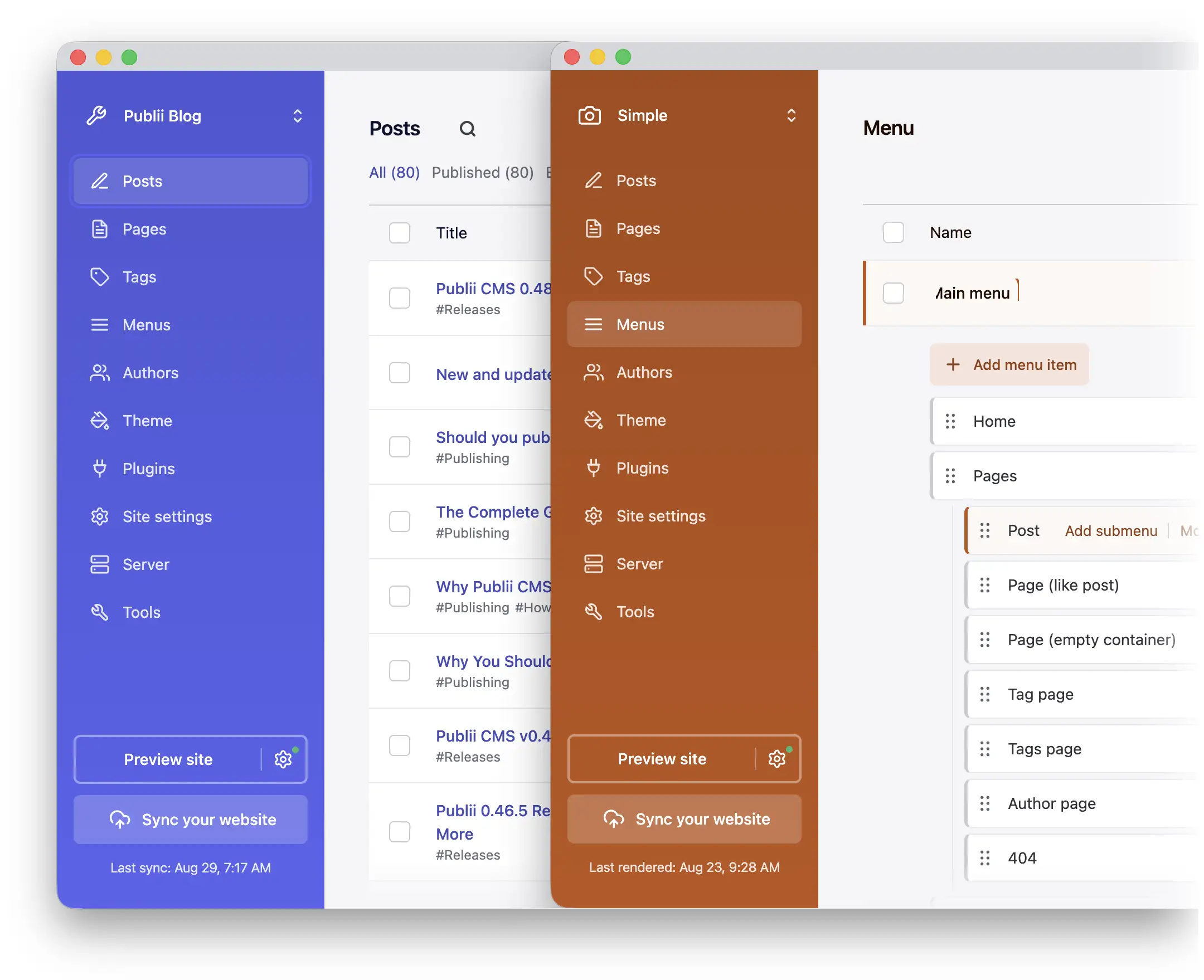 Two Publii windows showing a post editor and site settings for different websites.