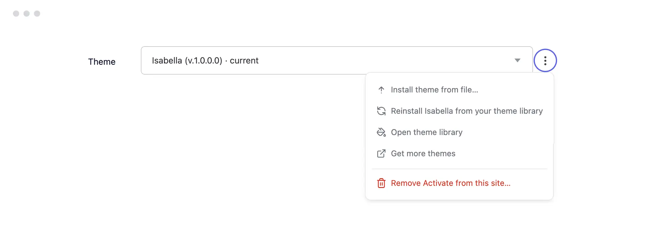 Theme selection in Publii Site Settings, showing installed themes and available updates.