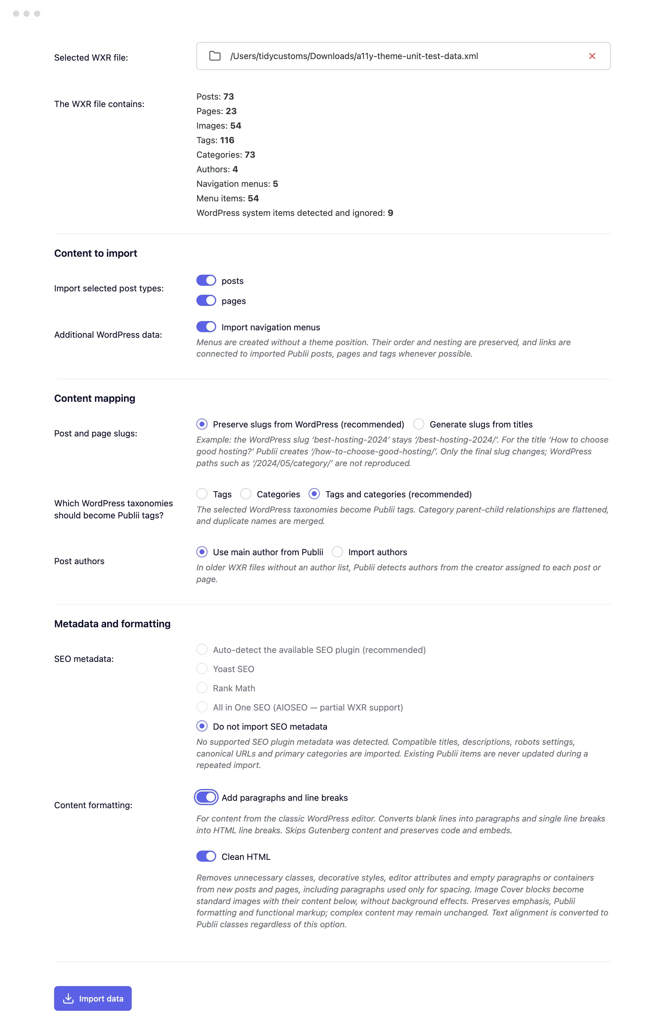 WordPress import options in Publii, showing content counts, navigation menus and SEO settings.