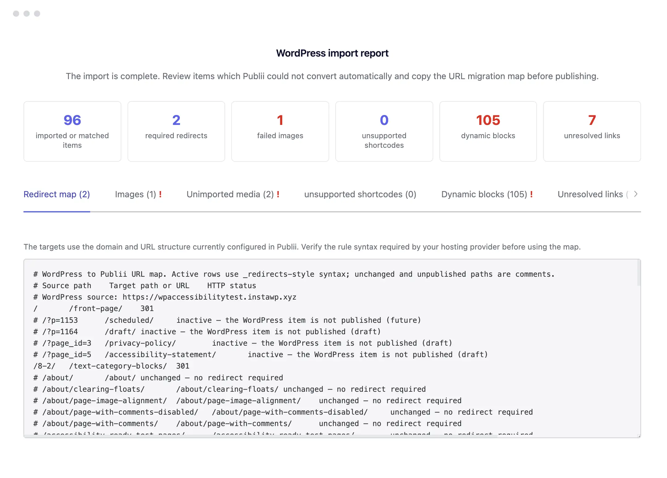 WordPress import report showing the redirect map from original URLs to imported content.