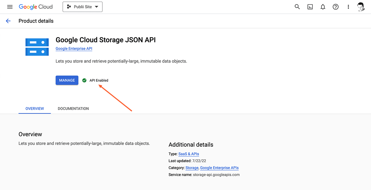 Enabled Google Storage JSON API