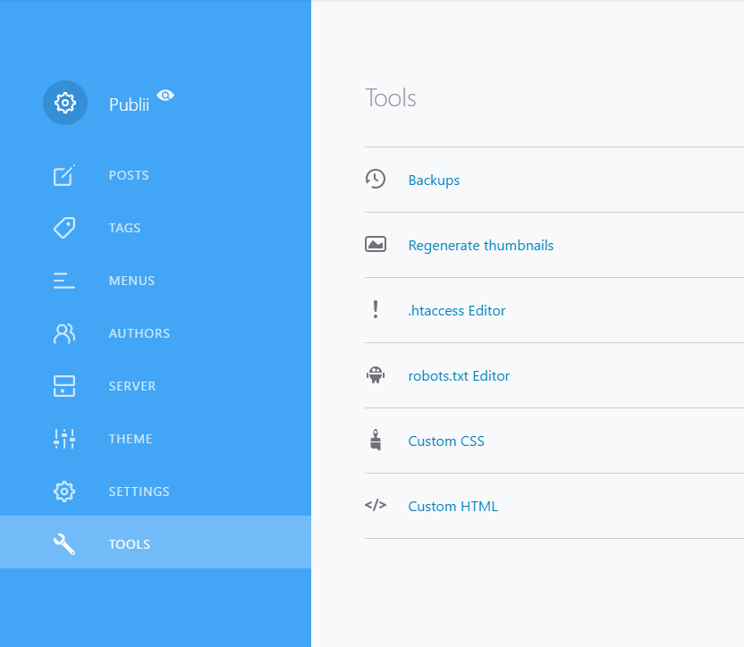 Publii Tools Backups Regenerating Thumbnails htaccess Editor Robots Publii tools backups regenerating thumbnails htaccess editor robots