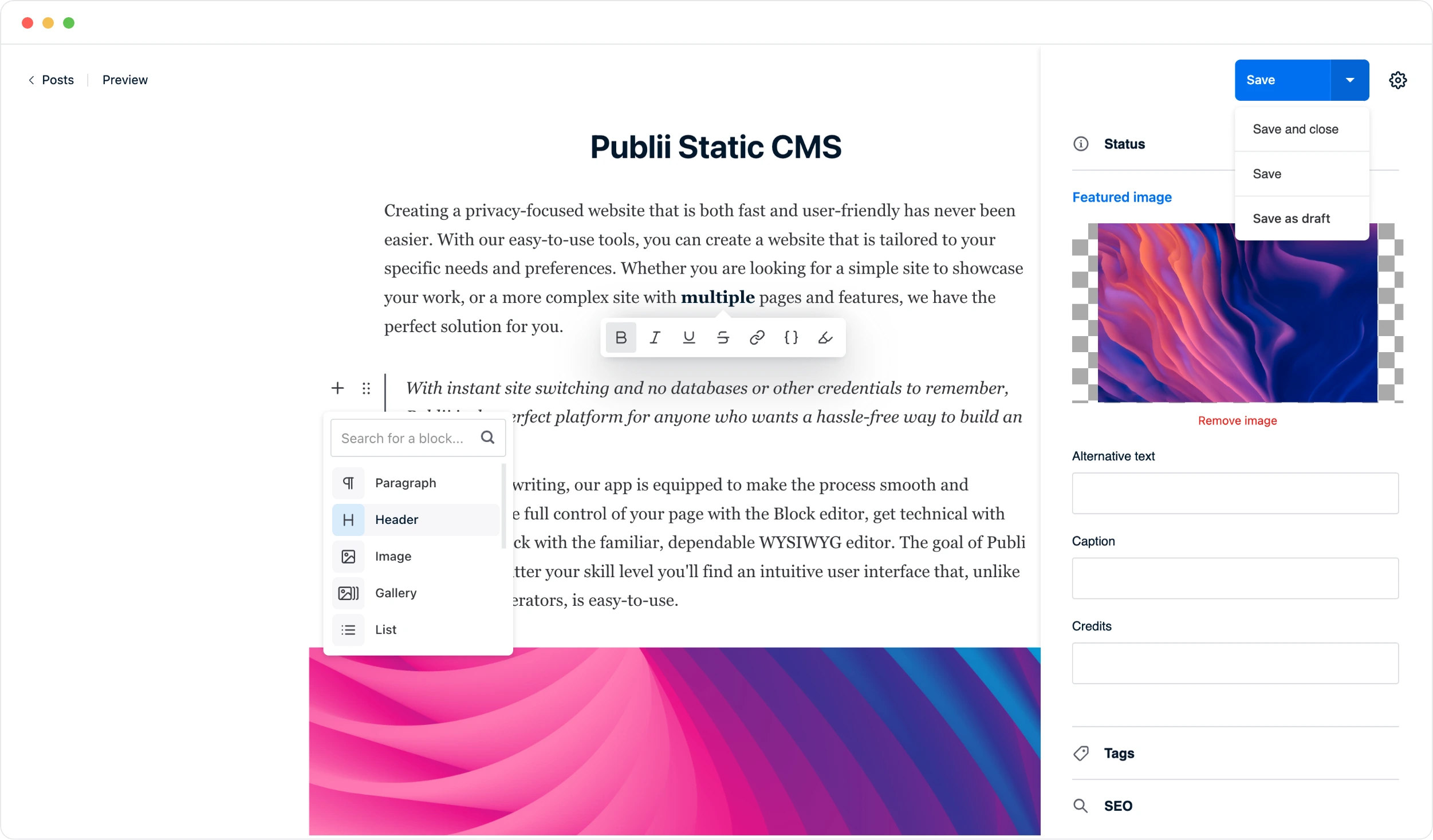 Publii Static HTML CMS dla systemów Windows, Mac i Linux